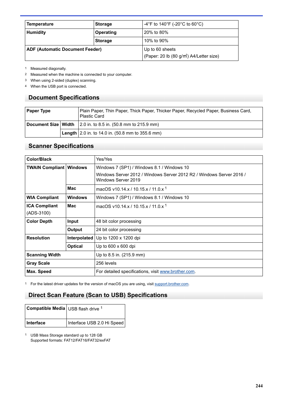 Scanning, Document specifications, Scanner specifications | Direct scan feature (scan to usb) specifications | Brother ADS-3100 High-Speed Desktop Color Scanner for Home & Small Offices User Manual | Page 248 / 253