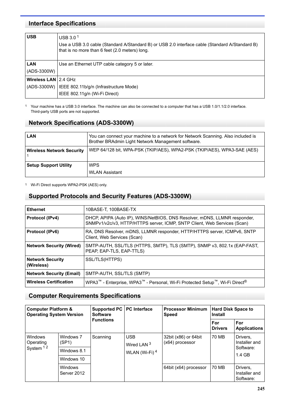 Interface specifications, Network specifications (ads-3300w), Computer requirements specifications | Brother ADS-3100 High-Speed Desktop Color Scanner for Home & Small Offices User Manual | Page 249 / 253