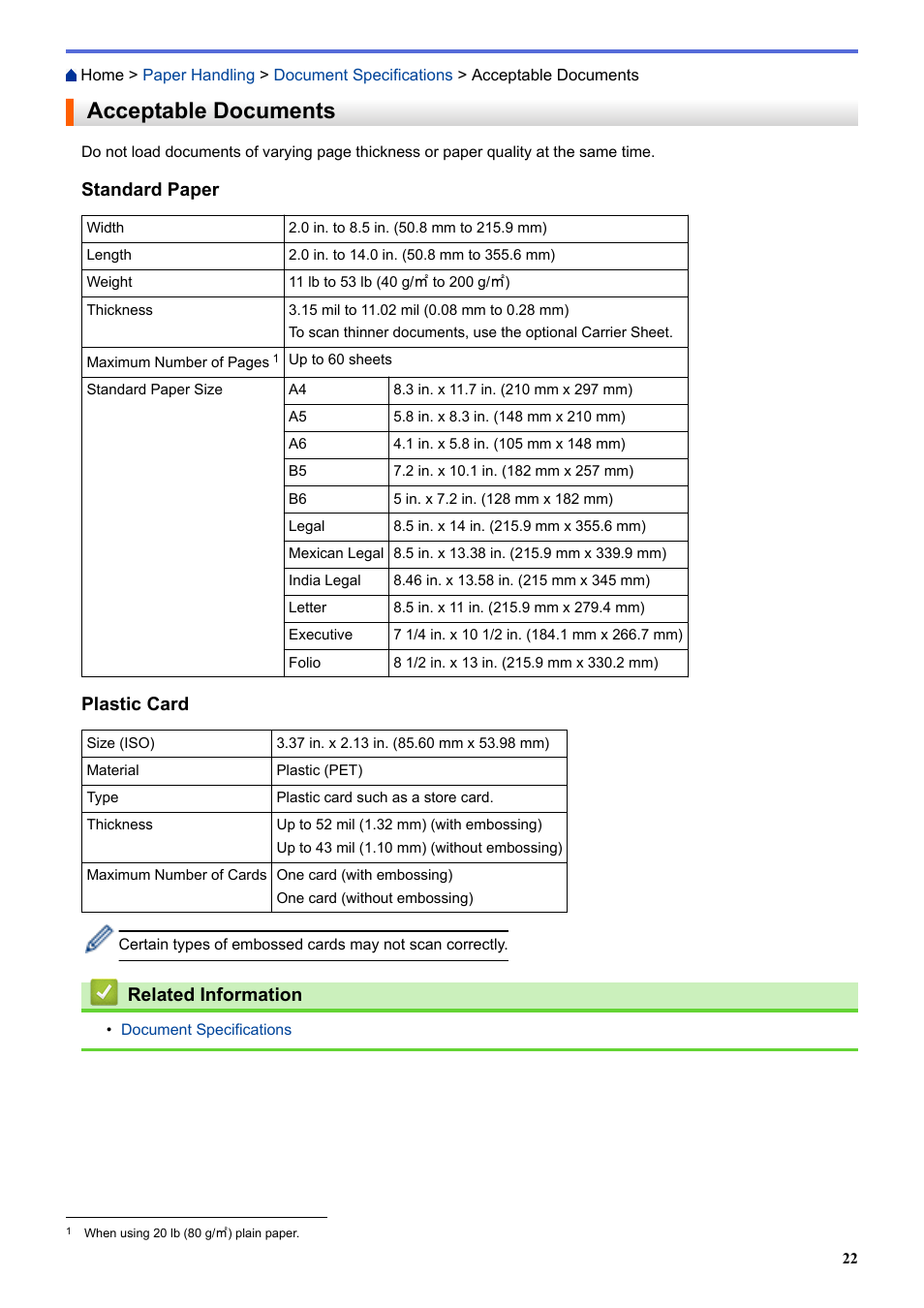 Acceptable documents, Standard paper, Plastic card | Related information | Brother ADS-3100 High-Speed Desktop Color Scanner for Home & Small Offices User Manual | Page 26 / 253