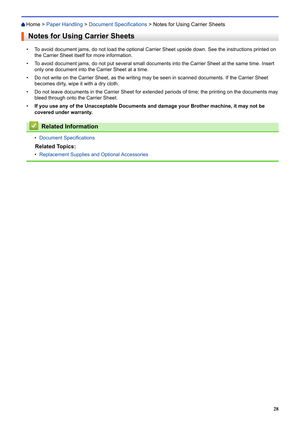 Notes for using carrier sheets | Brother ADS-3100 High-Speed Desktop Color Scanner for Home & Small Offices User Manual | Page 32 / 253