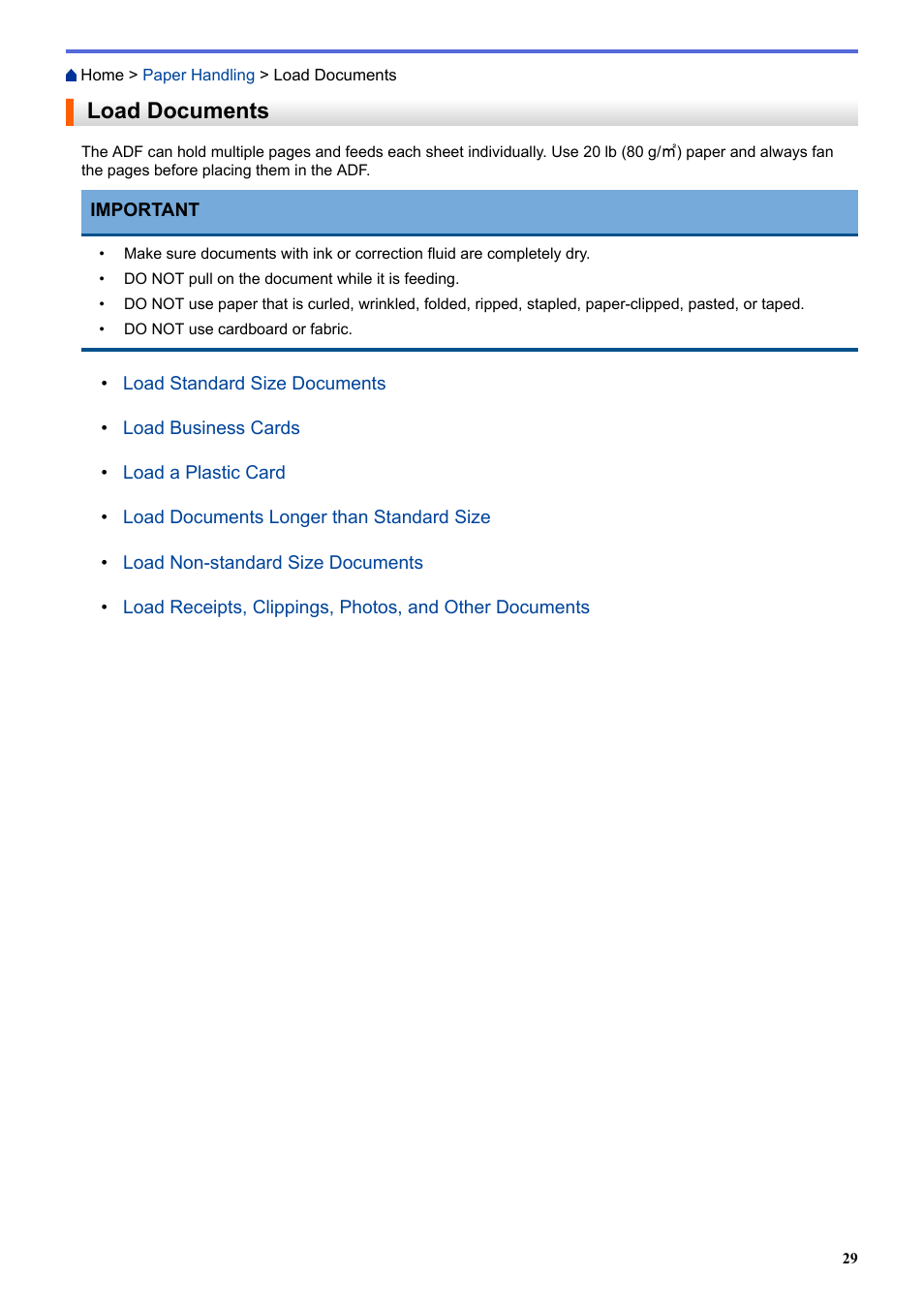 Load documents | Brother ADS-3100 High-Speed Desktop Color Scanner for Home & Small Offices User Manual | Page 33 / 253