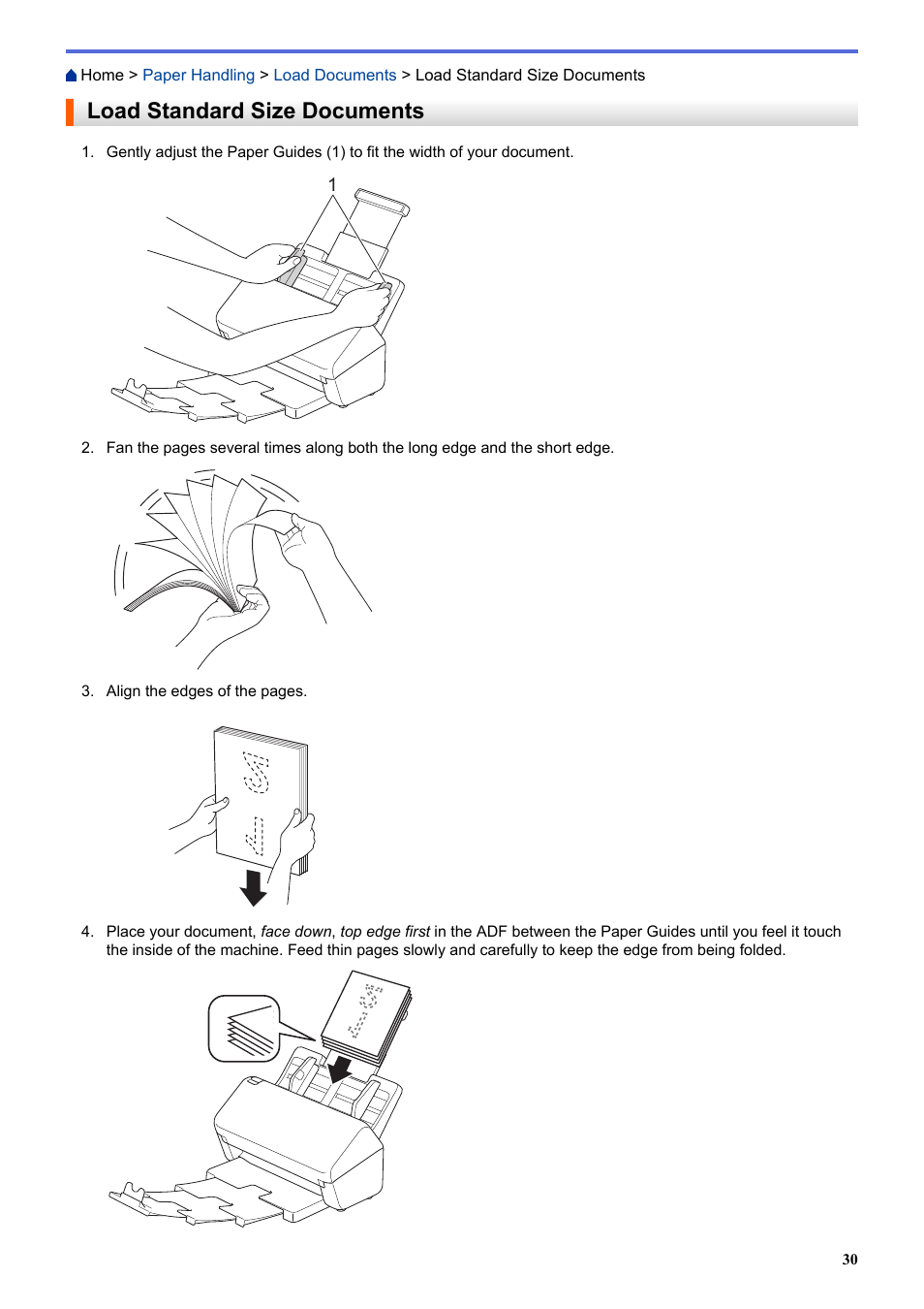 Load standard size documents | Brother ADS-3100 High-Speed Desktop Color Scanner for Home & Small Offices User Manual | Page 34 / 253