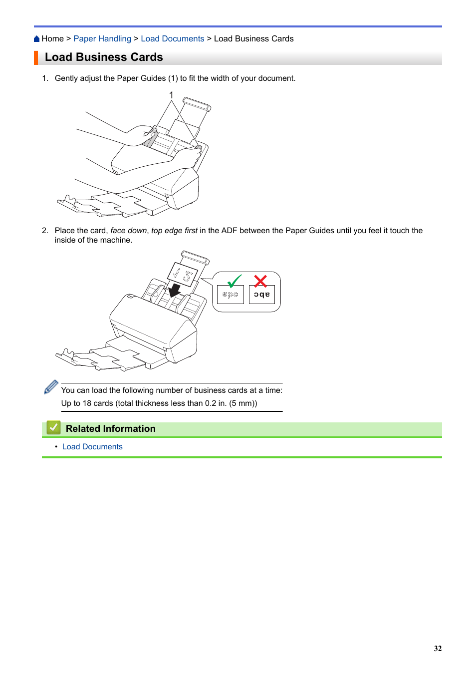 Load business cards | Brother ADS-3100 High-Speed Desktop Color Scanner for Home & Small Offices User Manual | Page 36 / 253