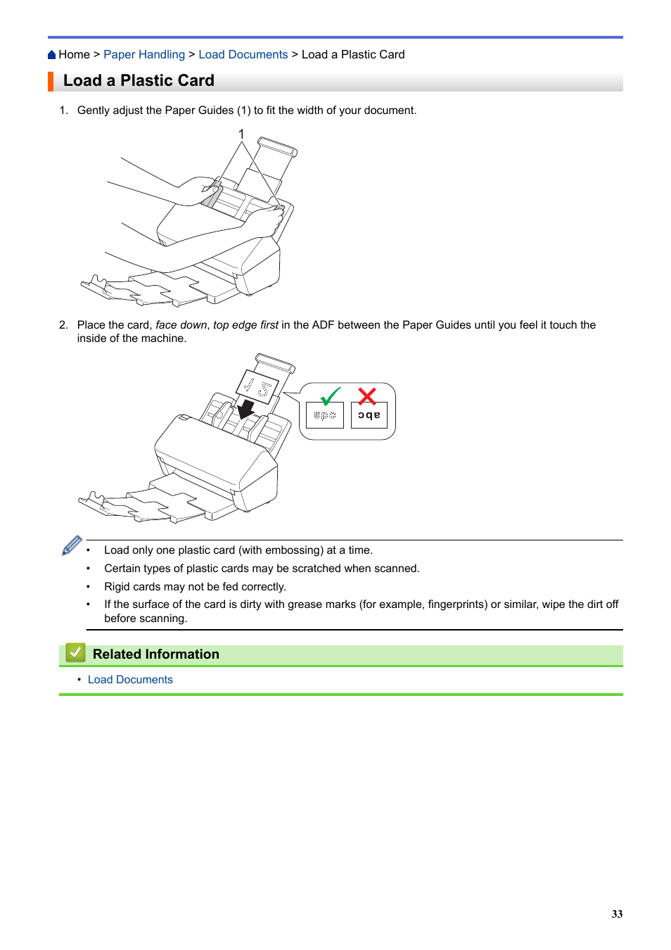Load a plastic card | Brother ADS-3100 High-Speed Desktop Color Scanner for Home & Small Offices User Manual | Page 37 / 253