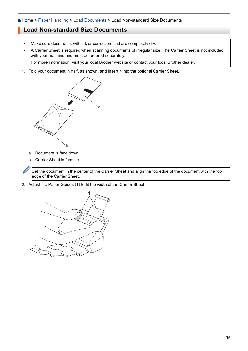 Load non-standard size documents | Brother ADS-3100 High-Speed Desktop Color Scanner for Home & Small Offices User Manual | Page 40 / 253