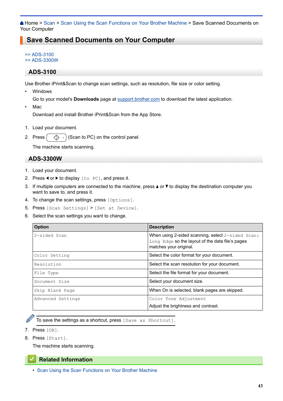 Save scanned documents on your computer, Ads-3100, Ads-3300w | Brother ADS-3100 High-Speed Desktop Color Scanner for Home & Small Offices User Manual | Page 47 / 253