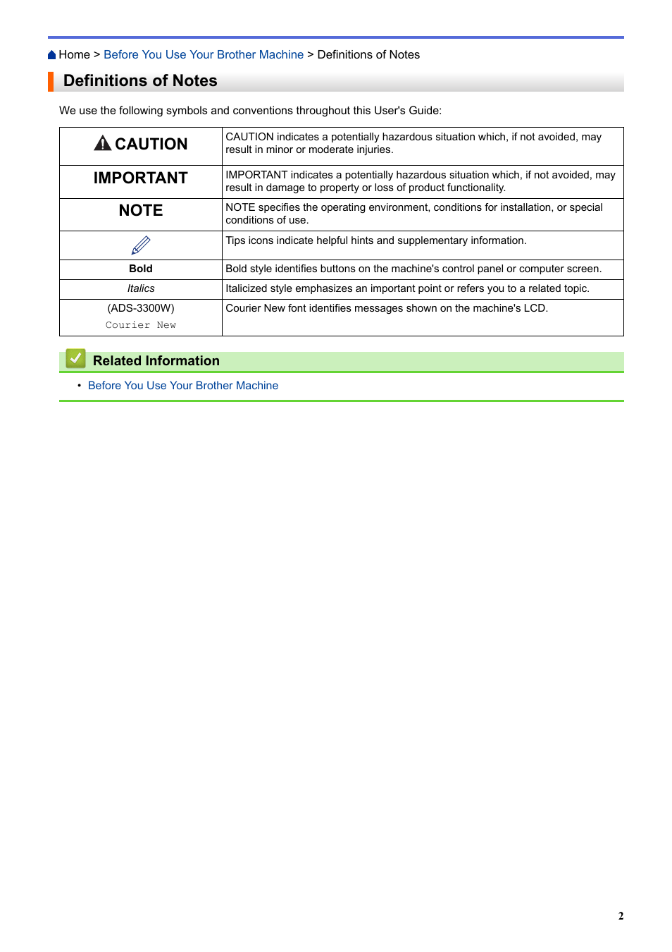 Definitions of notes, Caution, Important | Brother ADS-3100 High-Speed Desktop Color Scanner for Home & Small Offices User Manual | Page 6 / 253