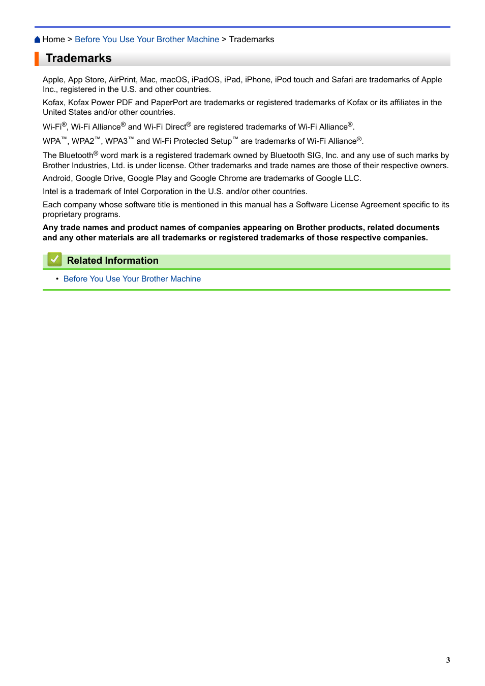 Trademarks, Related information | Brother ADS-3100 High-Speed Desktop Color Scanner for Home & Small Offices User Manual | Page 7 / 253