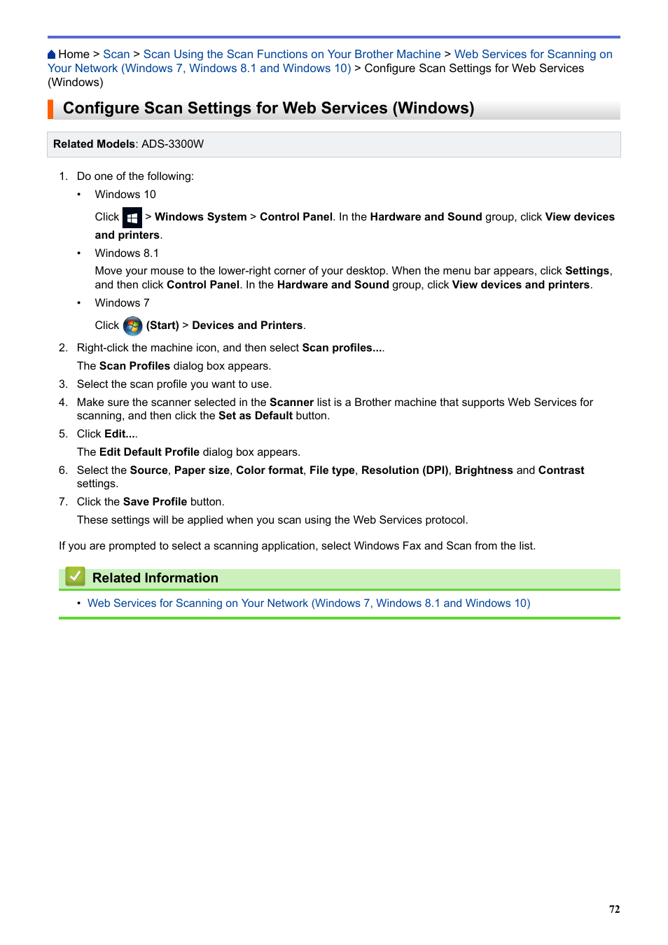 Configure scan settings for web services (windows) | Brother ADS-3100 High-Speed Desktop Color Scanner for Home & Small Offices User Manual | Page 76 / 253