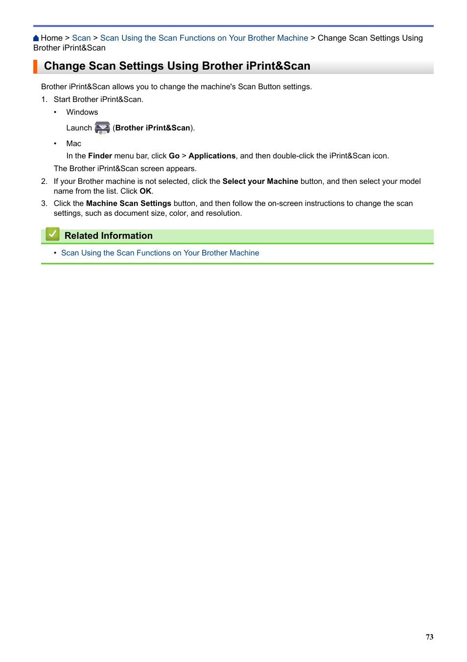 Change scan settings using brother iprint&scan | Brother ADS-3100 High-Speed Desktop Color Scanner for Home & Small Offices User Manual | Page 77 / 253