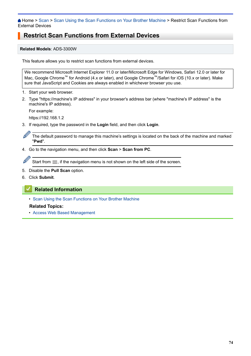 Restrict scan functions from external devices | Brother ADS-3100 High-Speed Desktop Color Scanner for Home & Small Offices User Manual | Page 78 / 253