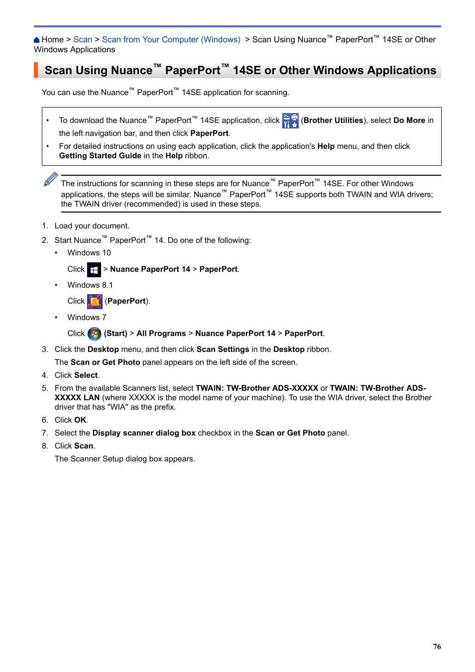 Scan using nuance, Paperport, 14se or other windows applications | Brother ADS-3100 High-Speed Desktop Color Scanner for Home & Small Offices User Manual | Page 80 / 253