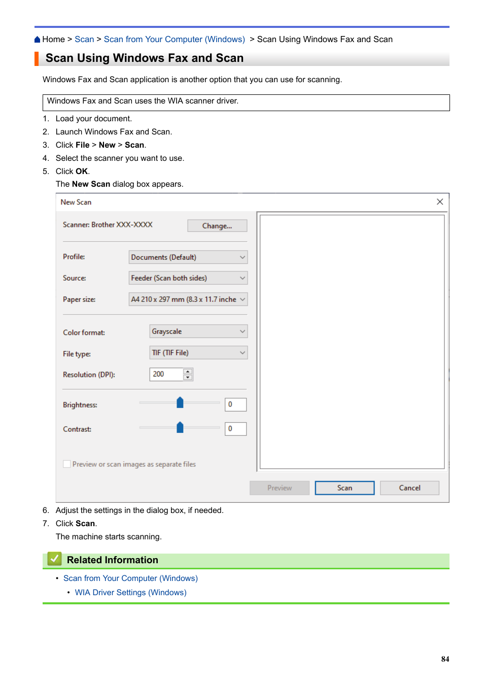 Scan using windows fax and scan | Brother ADS-3100 High-Speed Desktop Color Scanner for Home & Small Offices User Manual | Page 88 / 253