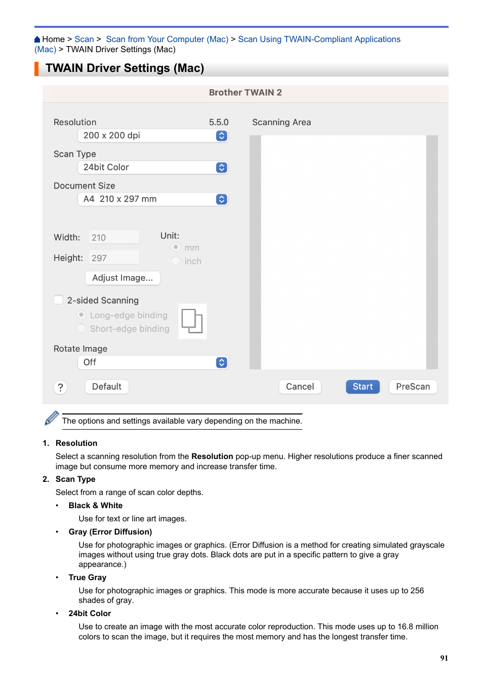 Twain driver settings (mac) | Brother ADS-3100 High-Speed Desktop Color Scanner for Home & Small Offices User Manual | Page 95 / 253