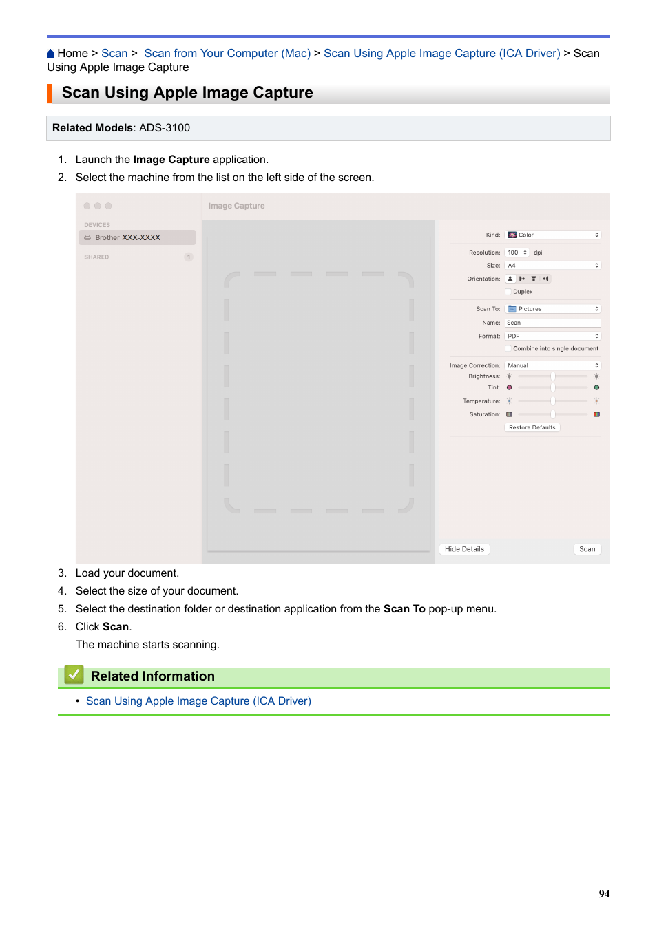 Scan using apple image capture | Brother ADS-3100 High-Speed Desktop Color Scanner for Home & Small Offices User Manual | Page 98 / 253