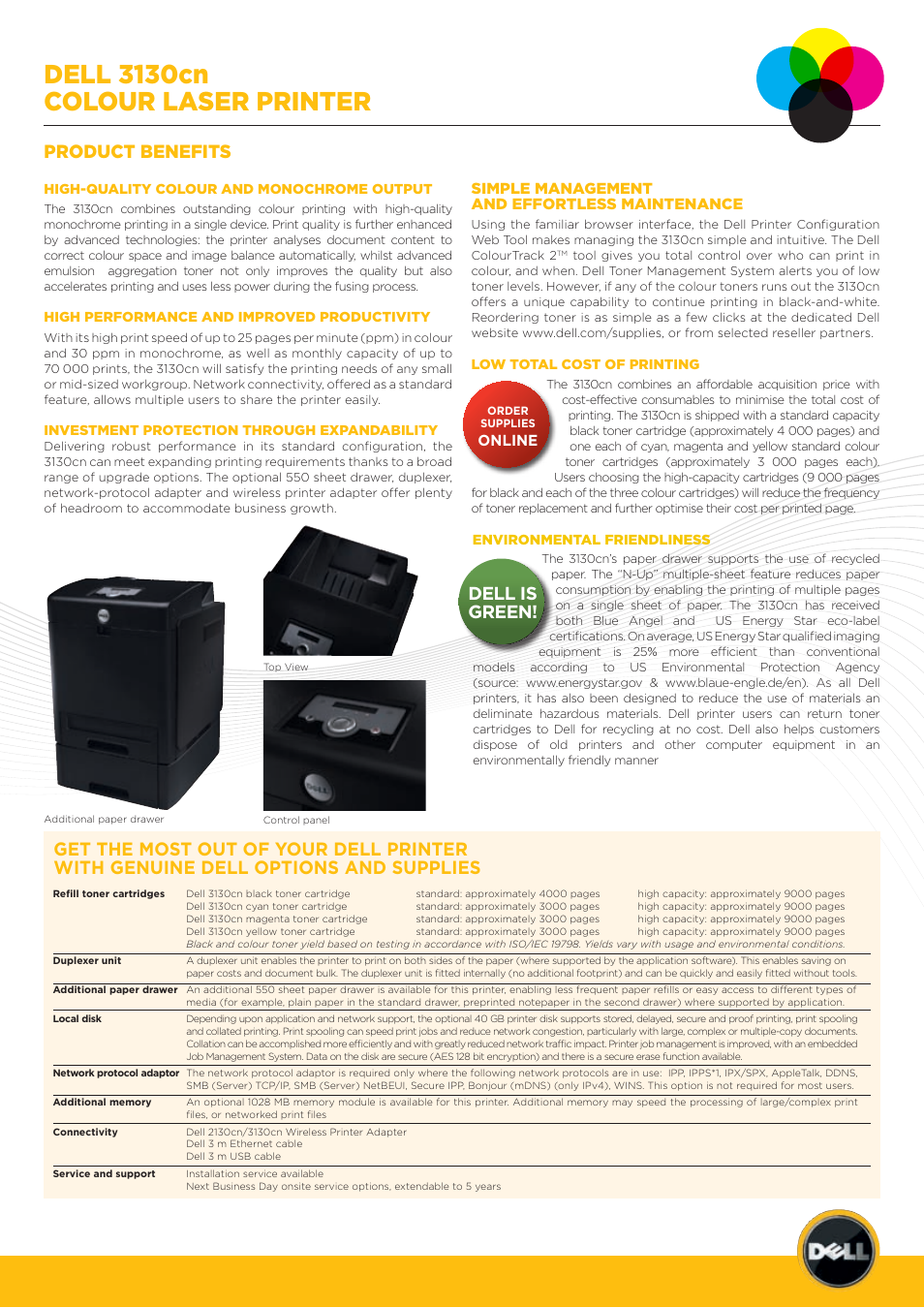 Dell 3130cn colour laser printer, Dell is green, Simple management and effortless maintenance | Dell 3130cn User Manual | Page 2 / 4