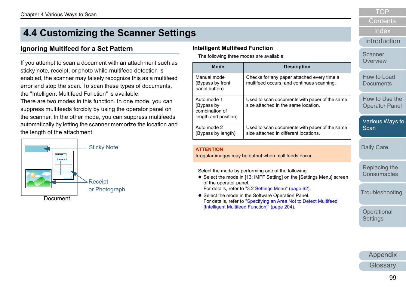 4 customizing the scanner settings, Ignoring multifeed for a set pattern, Customizing the scanner settings | Appendix glossary introduction index contents top | Fujitsu Ricoh Fujitsu fi-7700 Document Scanner User Manual | Page 99 / 238