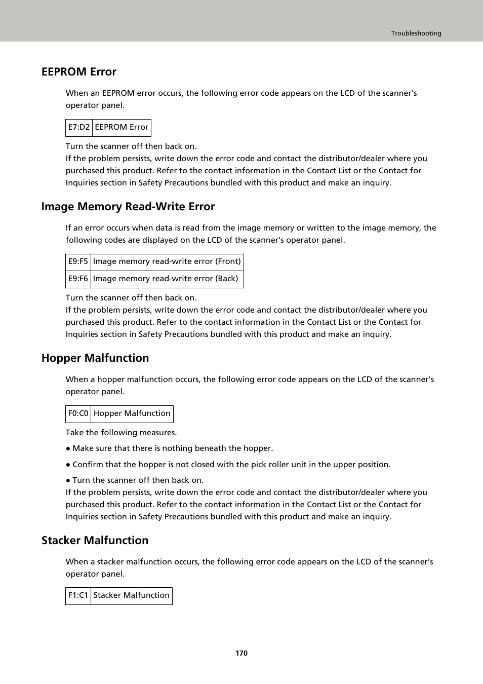 Eeprom error, Image memory read-write error, Hopper malfunction | Stacker malfunction | Fujitsu Ricoh Fujitsu fi-7900 Image Scanner User Manual | Page 170 / 291