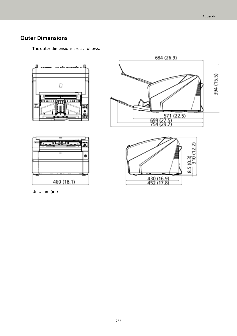 Outer dimensions | Fujitsu Ricoh Fujitsu fi-7900 Image Scanner User Manual | Page 285 / 291