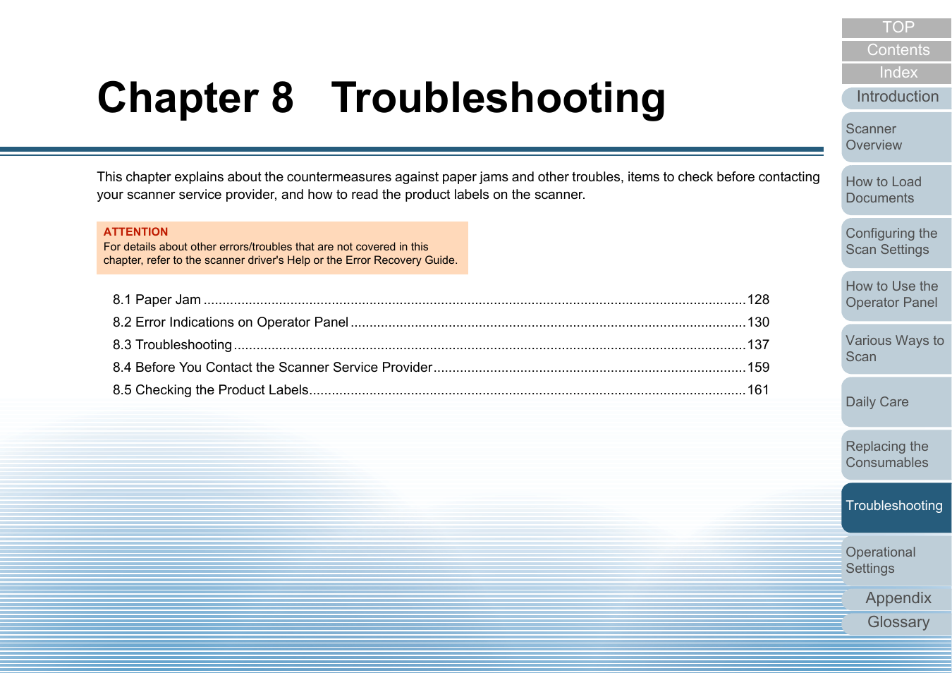 Chapter 8 troubleshooting, Troubleshooting | Fujitsu Ricoh Fujitsu fi-7280 Color Duplex Document Scanner User Manual | Page 127 / 229