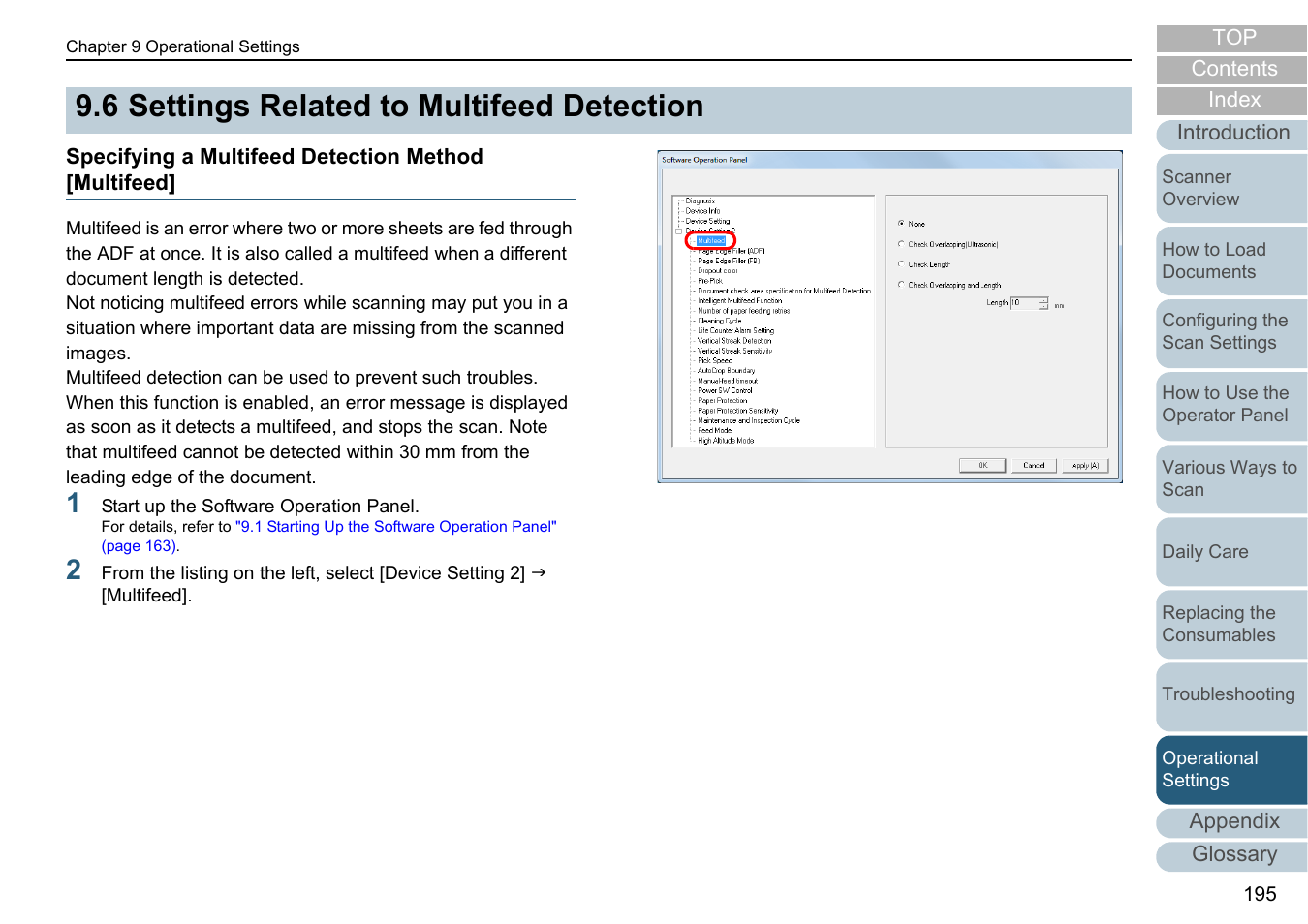 6 settings related to multifeed detection, Specifying a multifeed detection method [multifeed, Settings related to multifeed detection | Specifying a, R to, Specifying a multifeed detection method | Fujitsu Ricoh Fujitsu fi-7280 Color Duplex Document Scanner User Manual | Page 195 / 229