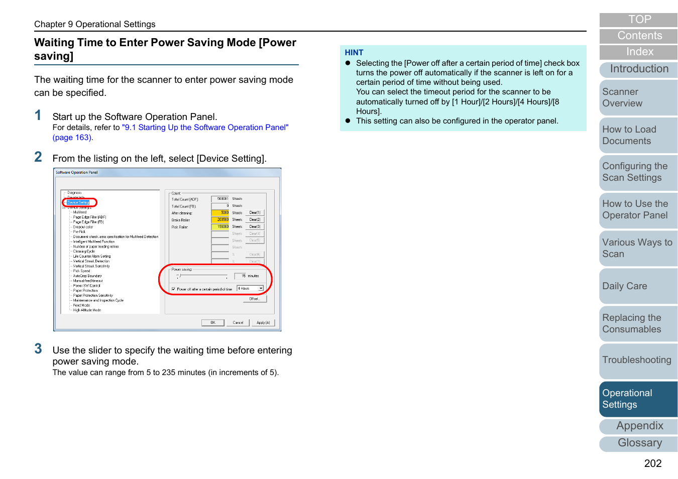 Waiting time to enter power saving mode [power, Waiting time to enter power saving mode | Fujitsu Ricoh Fujitsu fi-7280 Color Duplex Document Scanner User Manual | Page 202 / 229