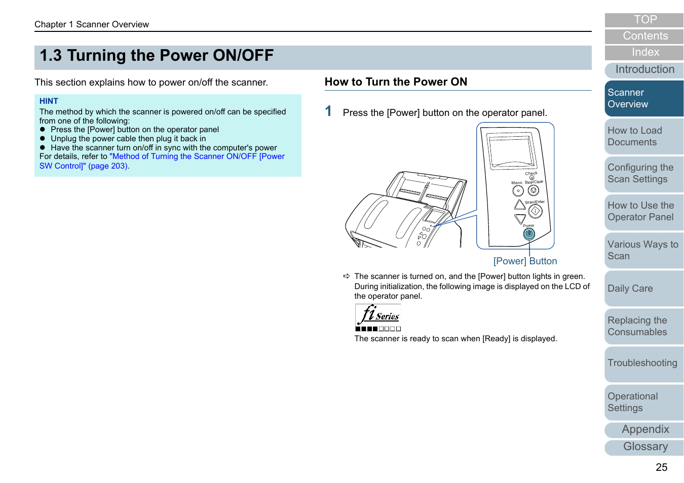 3 turning the power on/off, How to turn the power on, Turning the power on/off | Appendix, Glossary introduction index contents top | Fujitsu Ricoh Fujitsu fi-7280 Color Duplex Document Scanner User Manual | Page 25 / 229