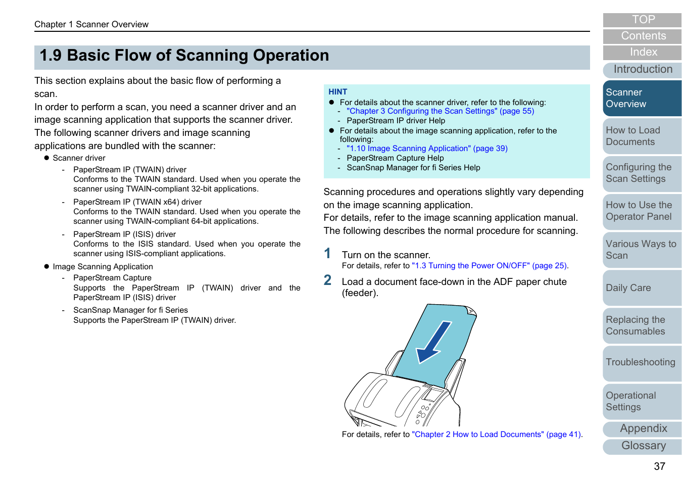 9 basic flow of scanning operation, Basic flow of scanning operation, Appendix | Glossary introduction index contents top | Fujitsu Ricoh Fujitsu fi-7280 Color Duplex Document Scanner User Manual | Page 37 / 229