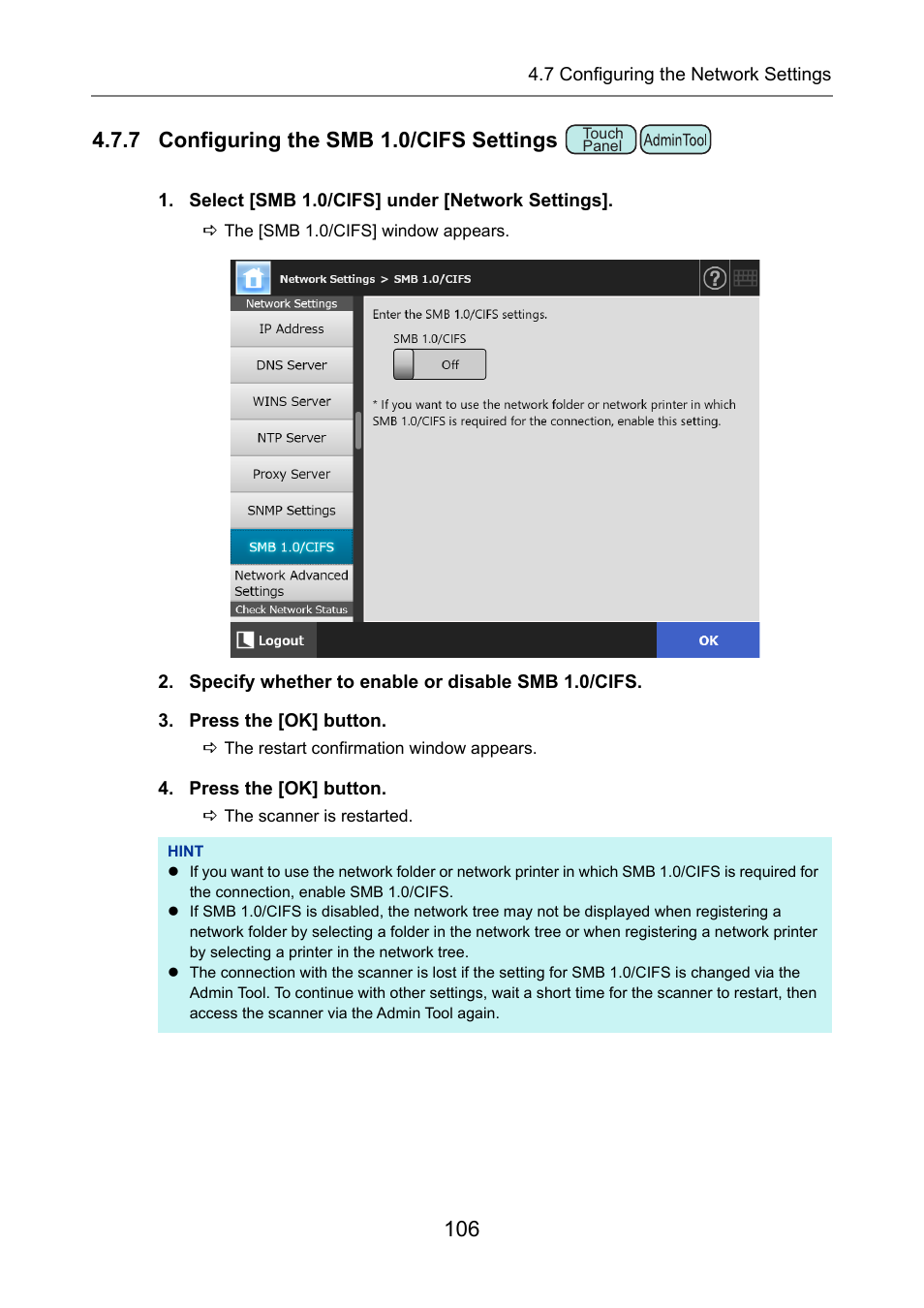 7 configuring the smb 1.0/cifs settings, P.106), Smb 1.0/cifs | Fujitsu Ricoh Fujitsu N7100E Network Image Scanner User Manual | Page 106 / 482