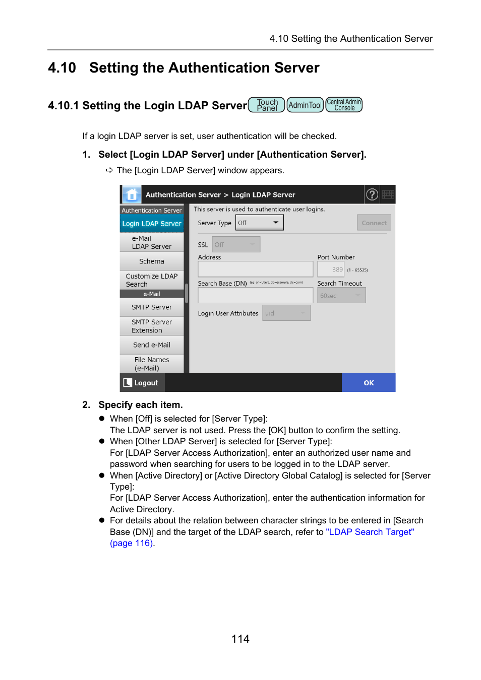 10 setting the authentication server, 1 setting the login ldap server, P.114) | Rver | Fujitsu Ricoh Fujitsu N7100E Network Image Scanner User Manual | Page 114 / 482