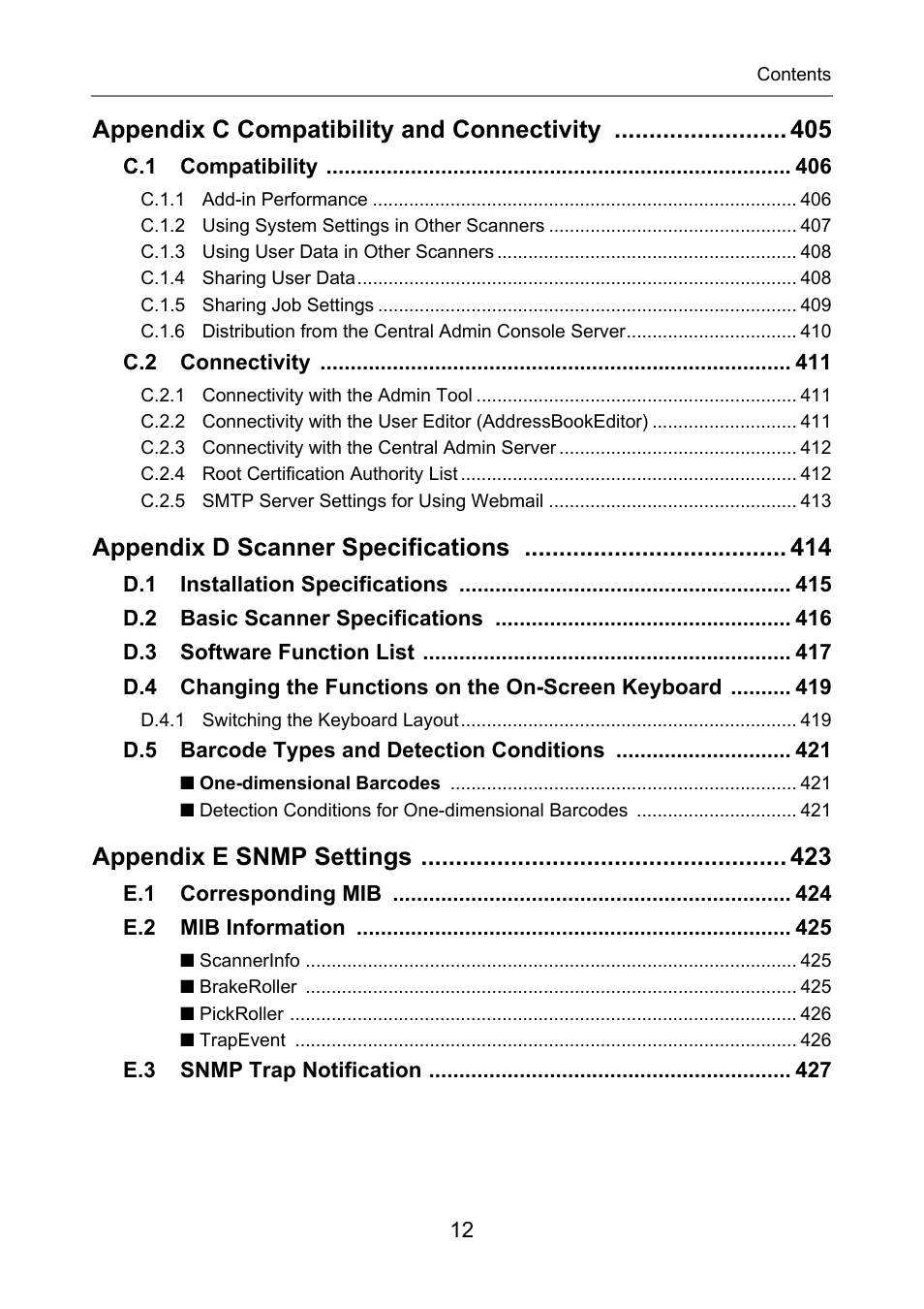 Appendix c compatibility and connectivity, Appendix d scanner specifications, Appendix e snmp settings | Fujitsu Ricoh Fujitsu N7100E Network Image Scanner User Manual | Page 12 / 482