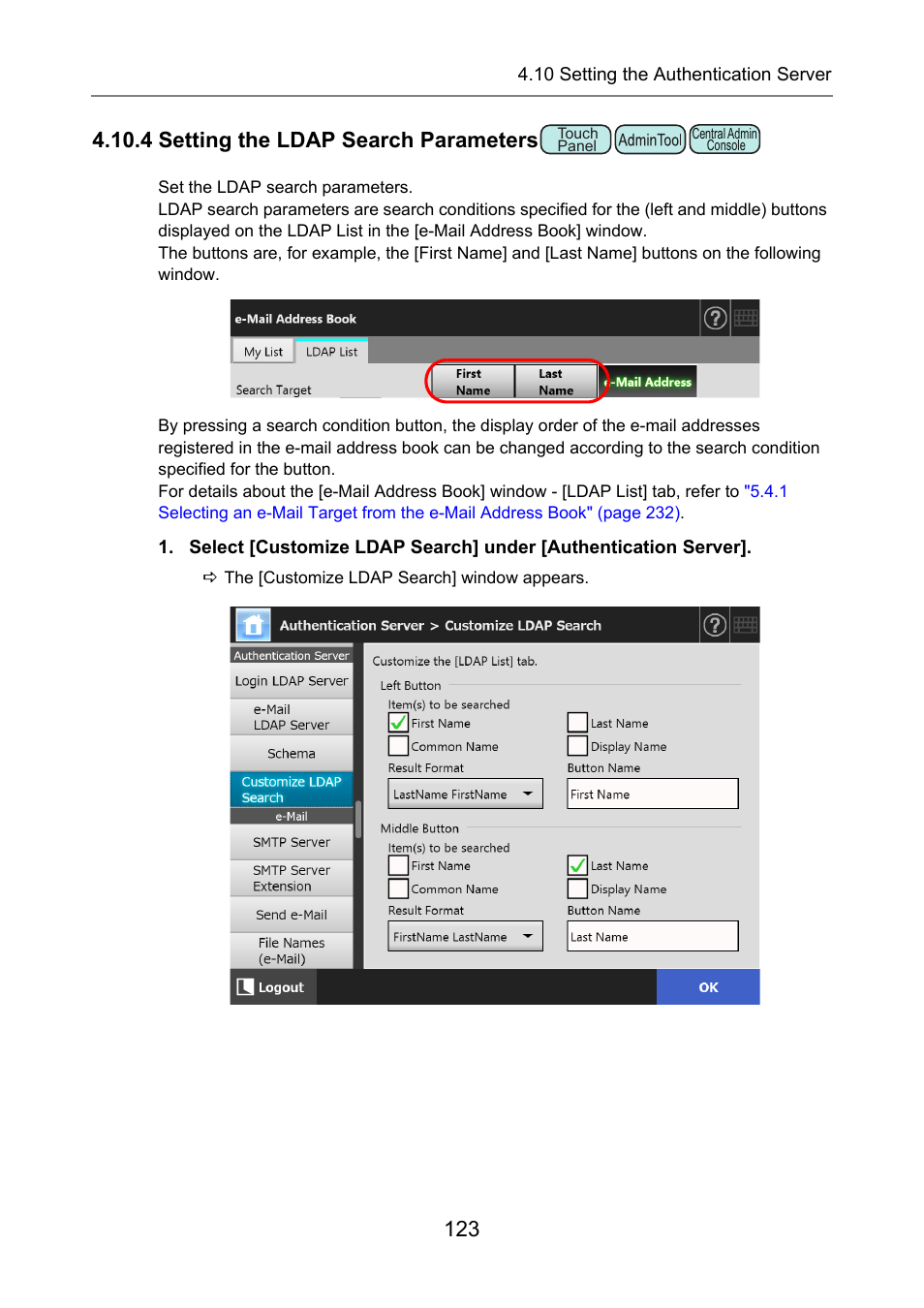 4 setting the ldap search parameters, P.123) | Fujitsu Ricoh Fujitsu N7100E Network Image Scanner User Manual | Page 123 / 482