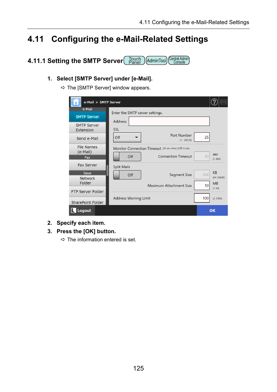 11 configuring the e-mail-related settings, 1 setting the smtp server, P.125) | Fujitsu Ricoh Fujitsu N7100E Network Image Scanner User Manual | Page 125 / 482