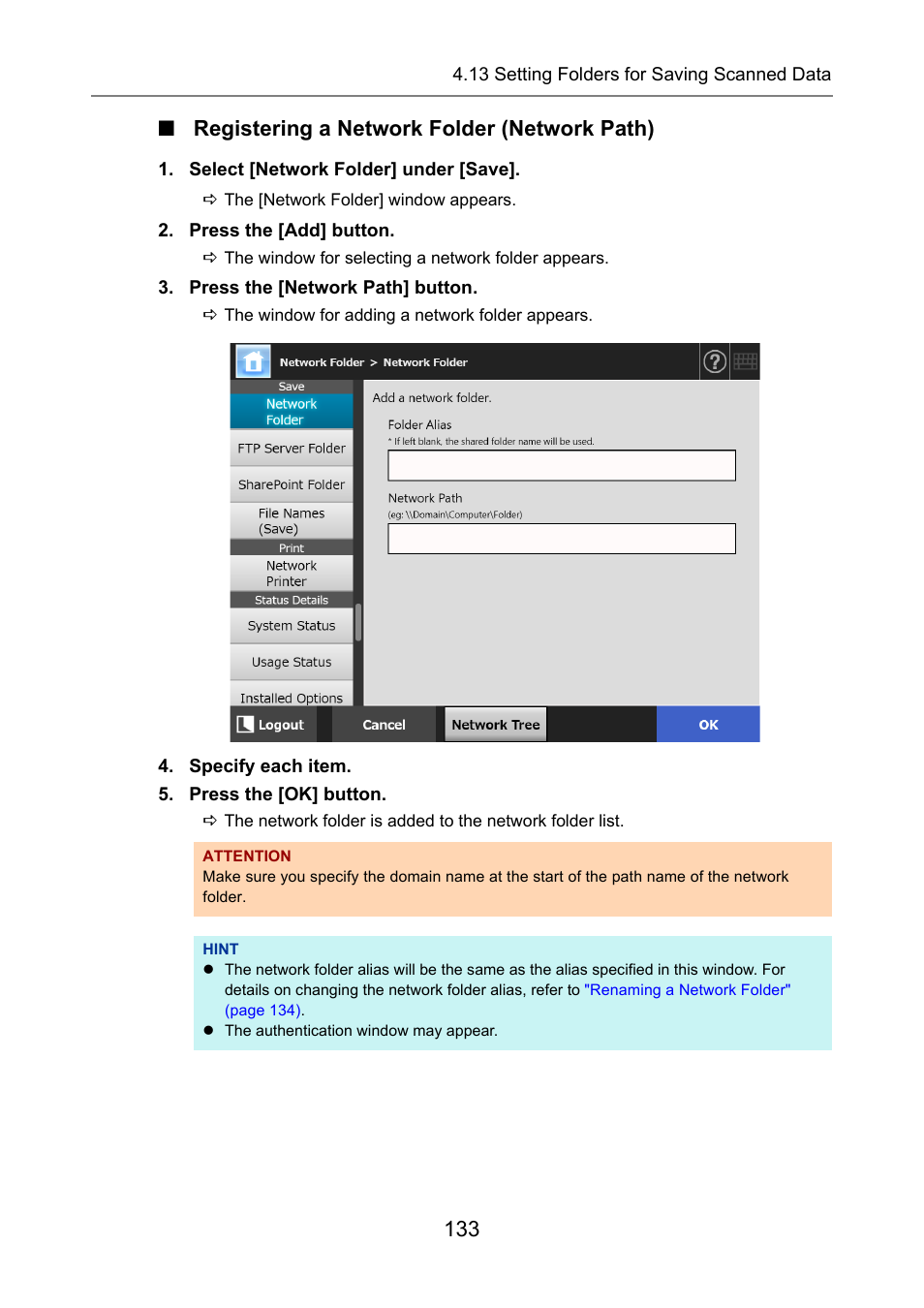 Registering a network folder (network path), 133 ■ registering a network folder (network path) | Fujitsu Ricoh Fujitsu N7100E Network Image Scanner User Manual | Page 133 / 482
