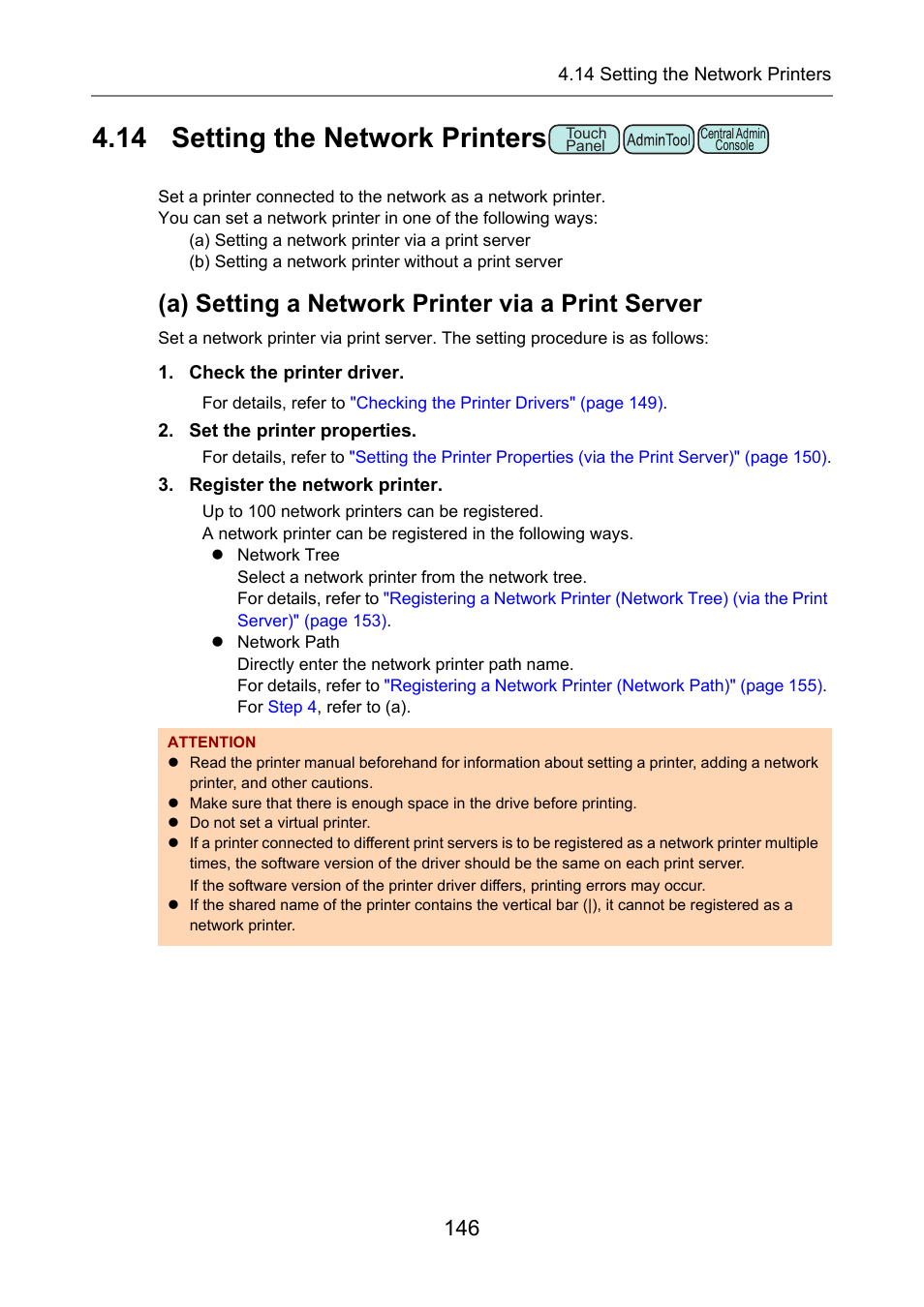 14 setting the network printers, P.146), Network printer | A) setting a network printer via a print server | Fujitsu Ricoh Fujitsu N7100E Network Image Scanner User Manual | Page 146 / 482