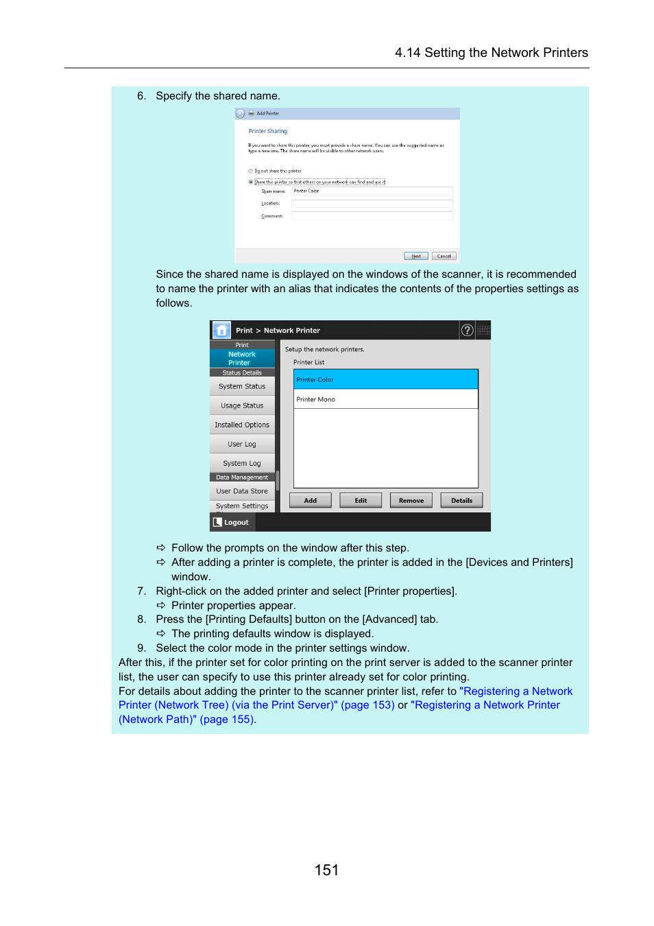 14 setting the network printers | Fujitsu Ricoh Fujitsu N7100E Network Image Scanner User Manual | Page 151 / 482