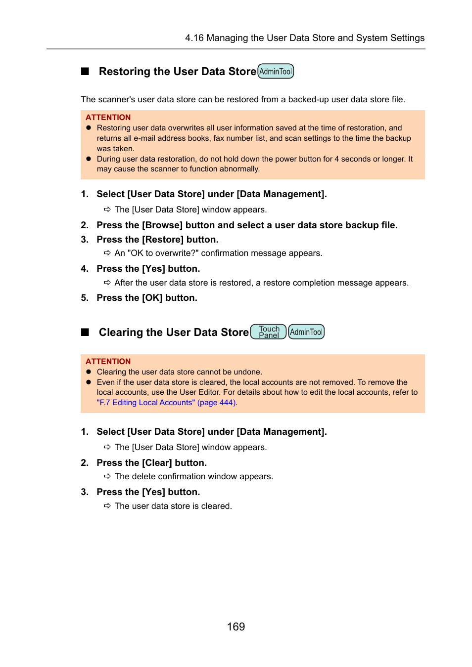 Restoring the user data store, Clearing the user data store, 169 ■ restoring the user data store | Fujitsu Ricoh Fujitsu N7100E Network Image Scanner User Manual | Page 169 / 482
