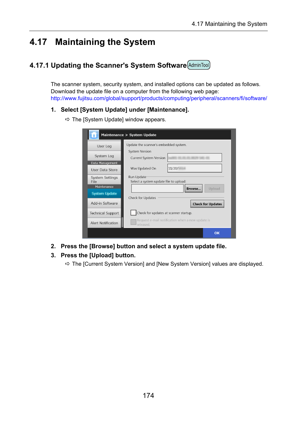 17 maintaining the system, 1 updating the scanner's system software, P.174) | Fujitsu Ricoh Fujitsu N7100E Network Image Scanner User Manual | Page 174 / 482