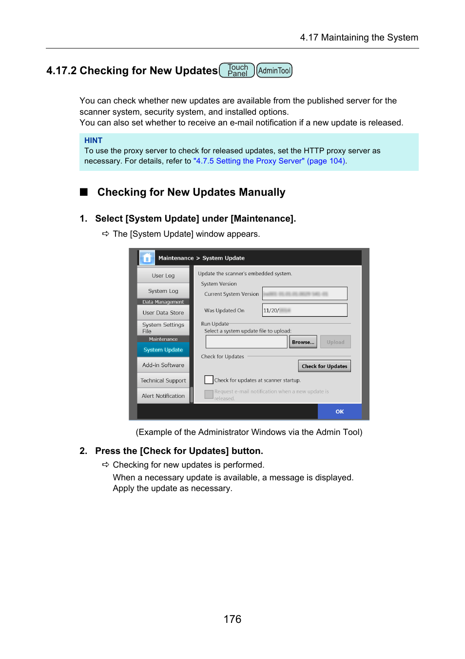 2 checking for new updates, Checking for new updates manually, P.176) | Fujitsu Ricoh Fujitsu N7100E Network Image Scanner User Manual | Page 176 / 482