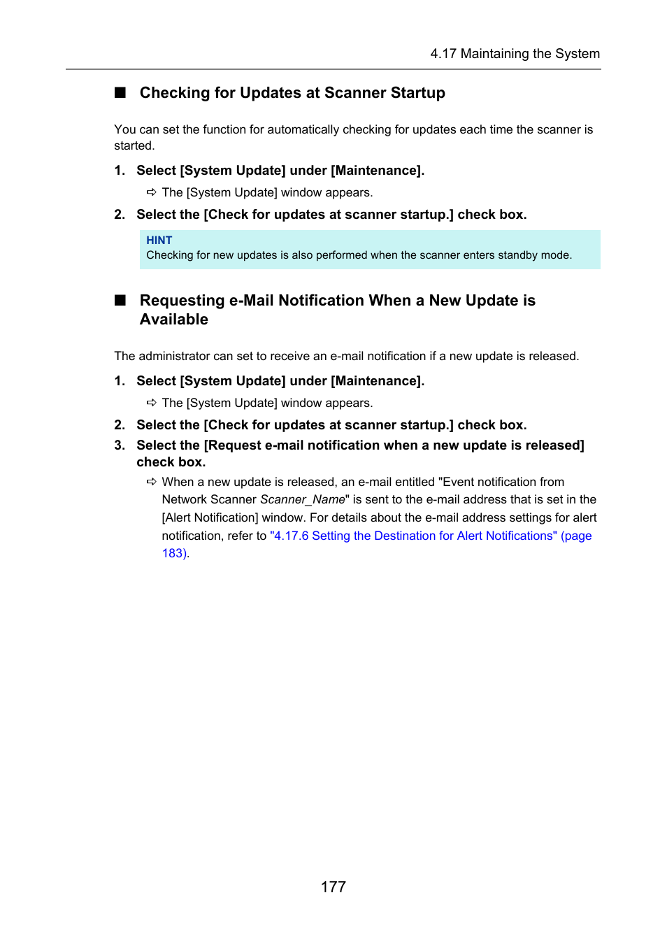 Checking for updates at scanner startup, 177 ■ checking for updates at scanner startup | Fujitsu Ricoh Fujitsu N7100E Network Image Scanner User Manual | Page 177 / 482