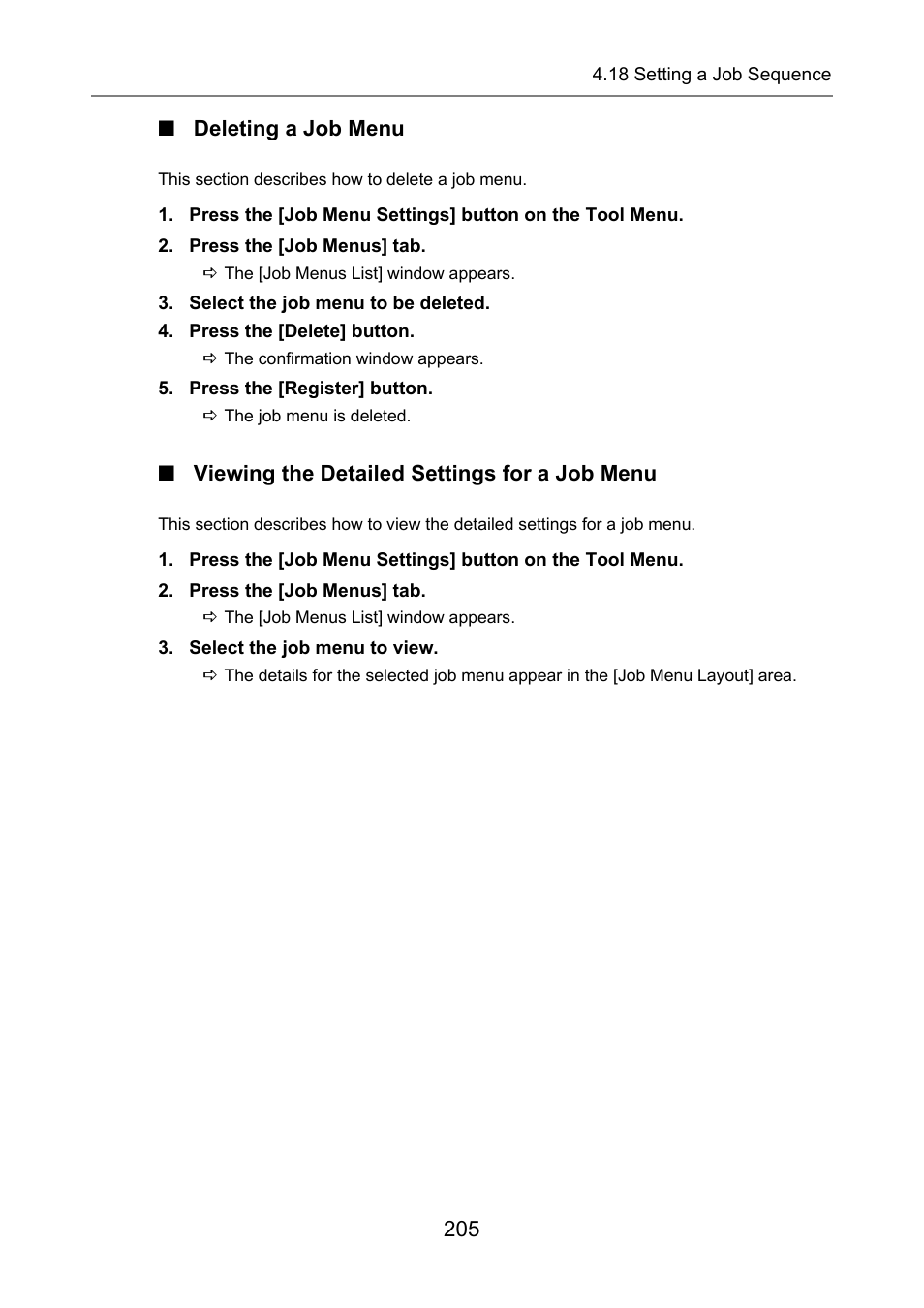 Deleting a job menu, Viewing the detailed settings for a job menu | Fujitsu Ricoh Fujitsu N7100E Network Image Scanner User Manual | Page 205 / 482