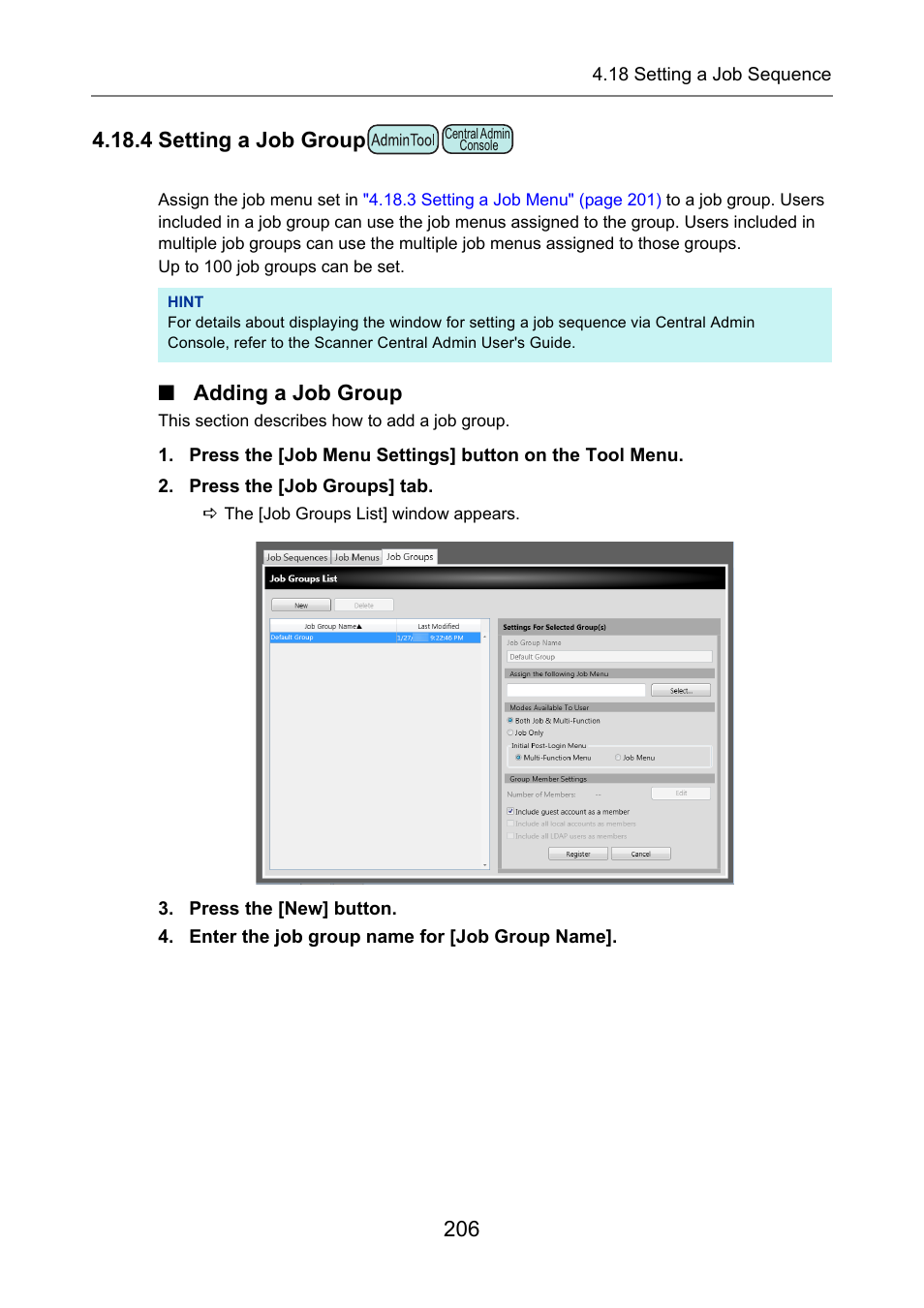 4 setting a job group, Adding a job group, P.206) | Fujitsu Ricoh Fujitsu N7100E Network Image Scanner User Manual | Page 206 / 482