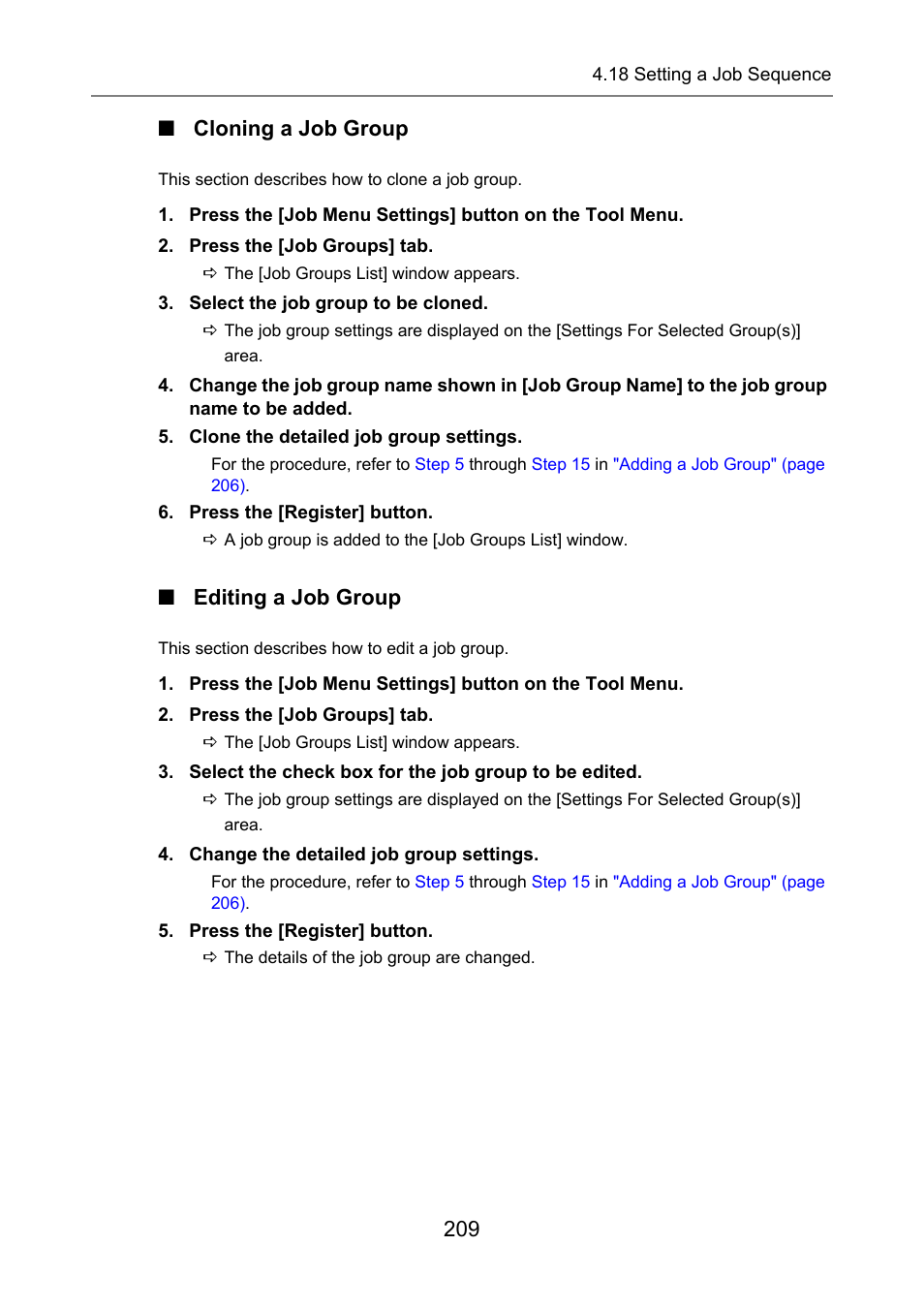 Cloning a job group, Editing a job group, 209 ■ cloning a job group | Fujitsu Ricoh Fujitsu N7100E Network Image Scanner User Manual | Page 209 / 482
