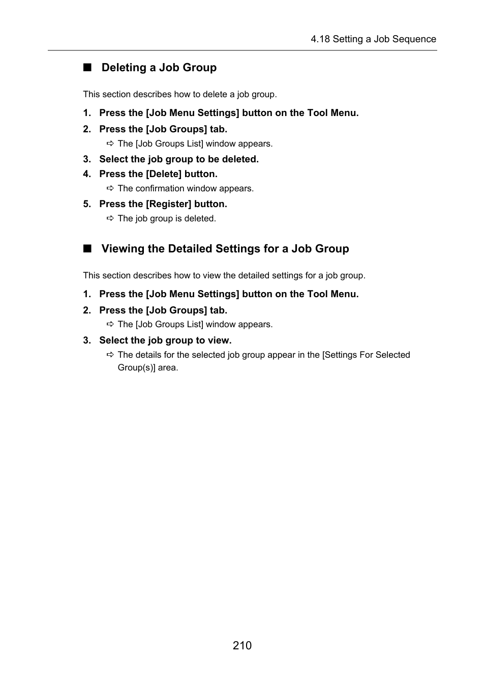 Deleting a job group, Viewing the detailed settings for a job group | Fujitsu Ricoh Fujitsu N7100E Network Image Scanner User Manual | Page 210 / 482