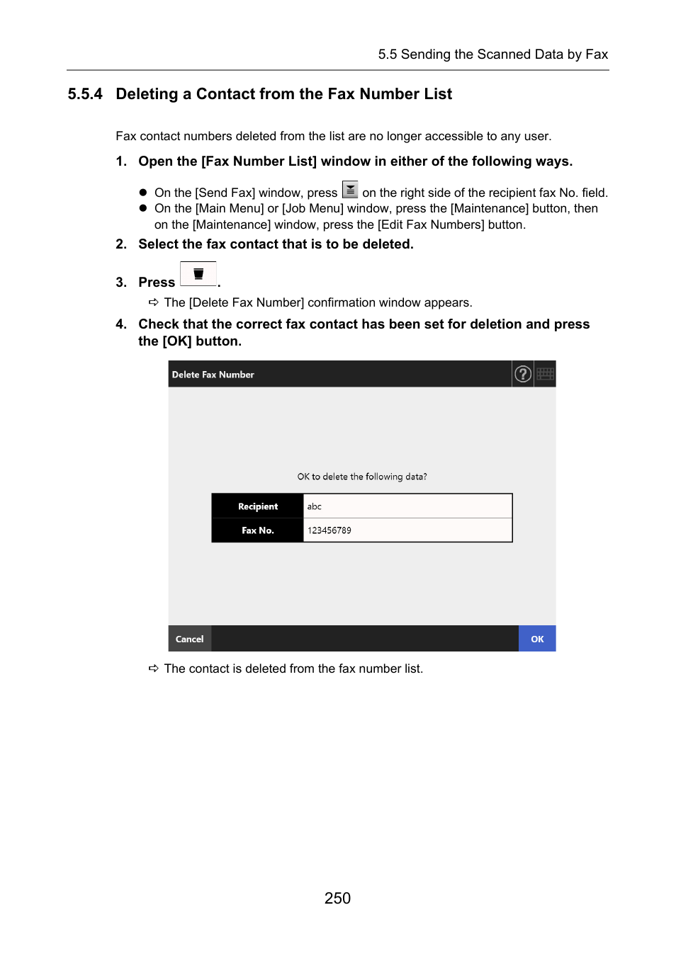4 deleting a contact from the fax number list | Fujitsu Ricoh Fujitsu N7100E Network Image Scanner User Manual | Page 250 / 482