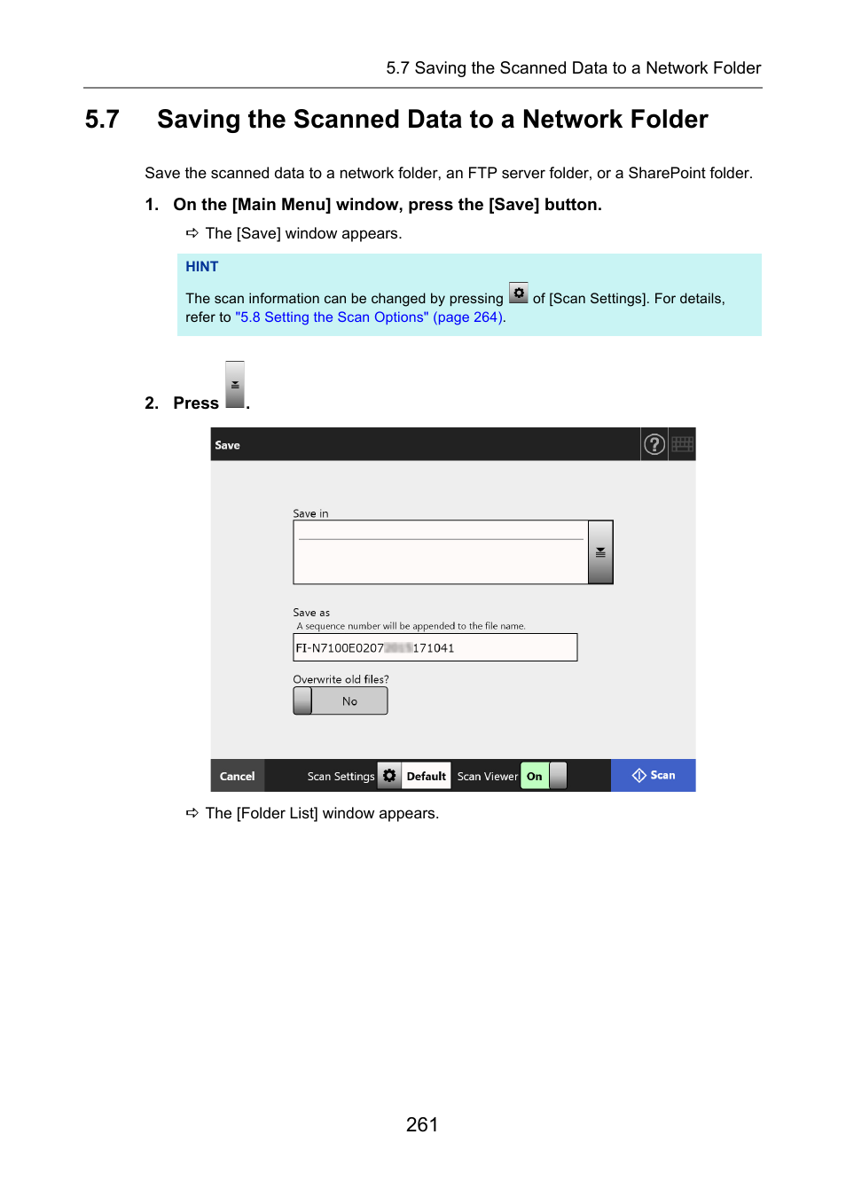 7 saving the scanned data to a network folder, Saving the scanned data to a network folder, P.261) | Fujitsu Ricoh Fujitsu N7100E Network Image Scanner User Manual | Page 261 / 482