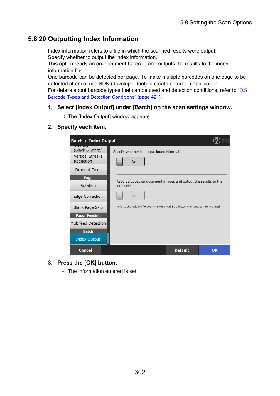 20 outputting index information | Fujitsu Ricoh Fujitsu N7100E Network Image Scanner User Manual | Page 302 / 482