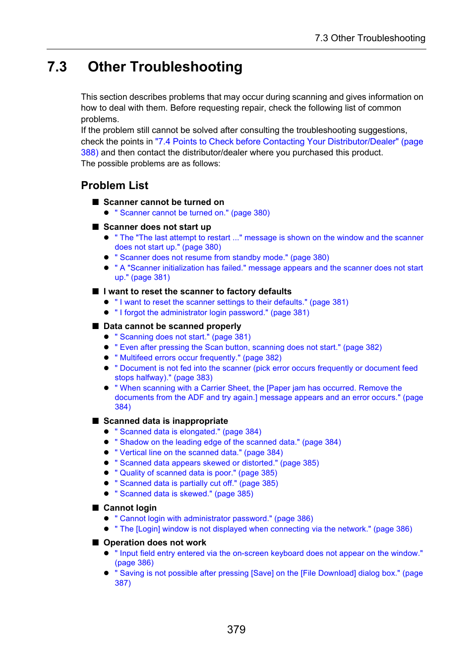 3 other troubleshooting, Other troubleshooting, Problem list | Fujitsu Ricoh Fujitsu N7100E Network Image Scanner User Manual | Page 379 / 482