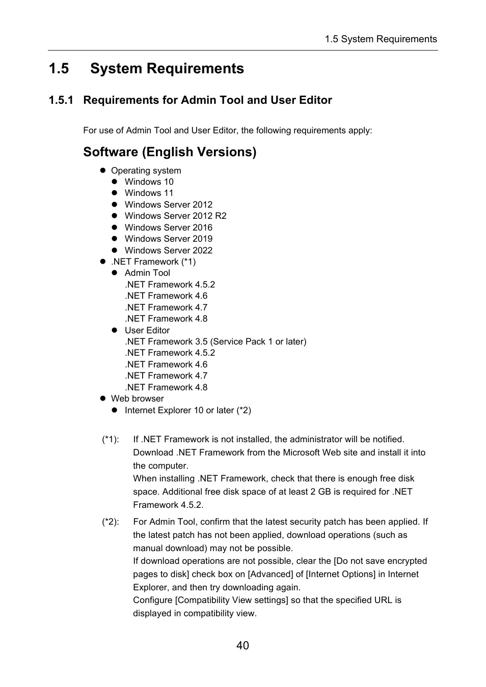 5 system requirements, 1 requirements for admin tool and user editor, System requirements | Software (english versions) | Fujitsu Ricoh Fujitsu N7100E Network Image Scanner User Manual | Page 40 / 482