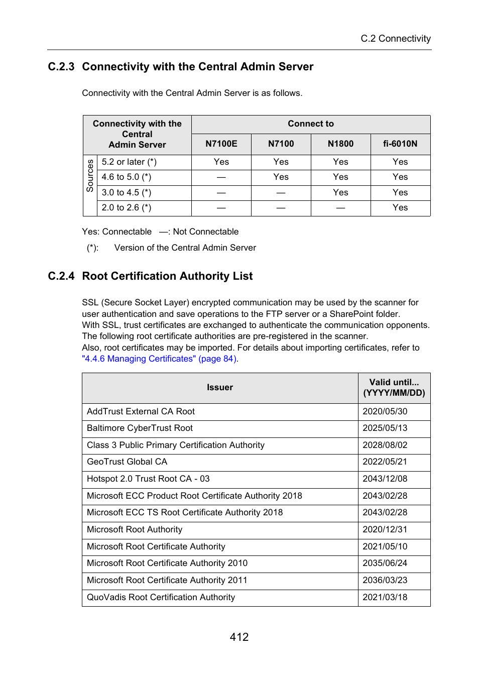 C.2.3 connectivity with the central admin server, C.2.4 root certification authority list | Fujitsu Ricoh Fujitsu N7100E Network Image Scanner User Manual | Page 412 / 482